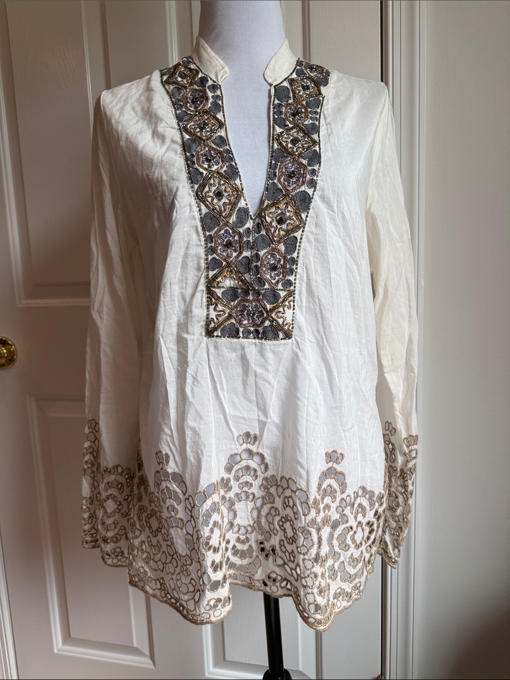 Hale Bob Cream Embroidered V-Neck Tunic with Gold and Gray Accents